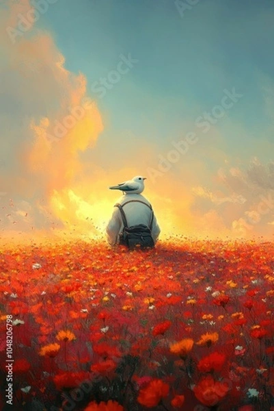 Fototapeta A serene figure sits in a vibrant flower field, with a bird perched on their shoulder at sunset.