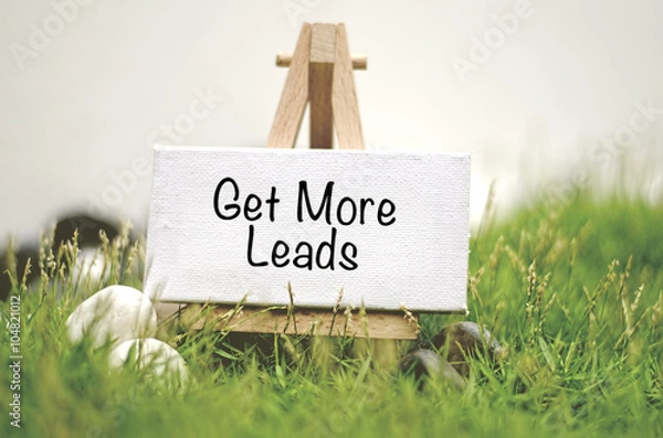 Fototapeta image concept white frame canvas on wooden tripod with word GET MORE LEADS. Blurred and soft focus background with green grass and white stone