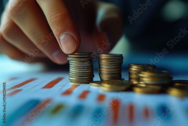Fototapeta Businessman placing a stack of coins on a table with a graph
