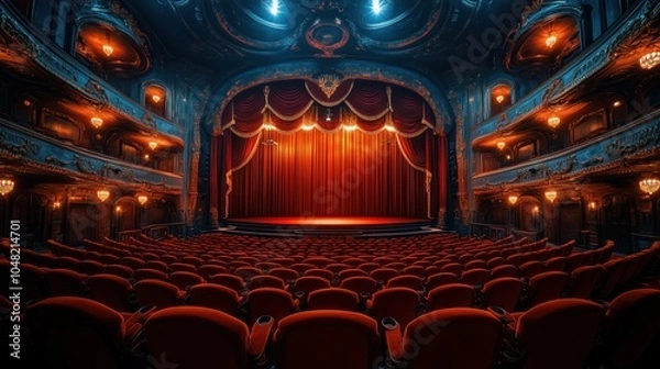 Fototapeta Beautiful theater with red velvet curtains and an illuminated stage, a classic theater interior