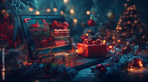 Fototapeta A laptop displaying Christmas gifts in a shopping cart, surrounded by festive decorations and lights. This scene symbolizes online holiday marketing for e-commerce and cybersecurity sales.
