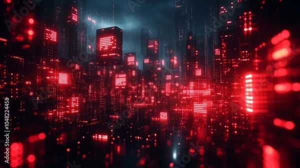 Fototapeta Abstract background with digital glowing red and black cubes in the dark space, cyber technology concept