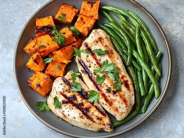 Obraz Grilled Chicken Breast with Roasted Sweet Potatoes and Green Beans on a Plate Healthy Dinner Concept