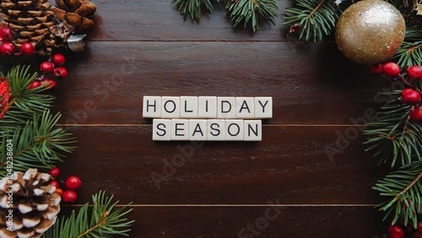 Fototapeta A wooden background with pine branches, red berries, and ornaments on the sides. In the center, the phrase HOLIDAY SEASON is spelled out with white letter tiles.
