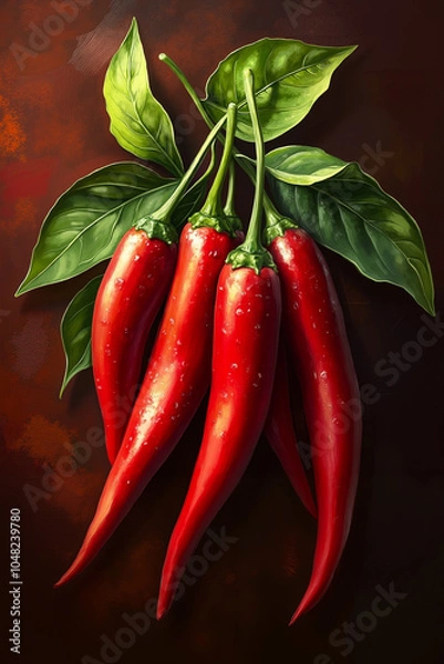 Fototapeta A digital artwork of a bunch of red chili peppers with green leaves