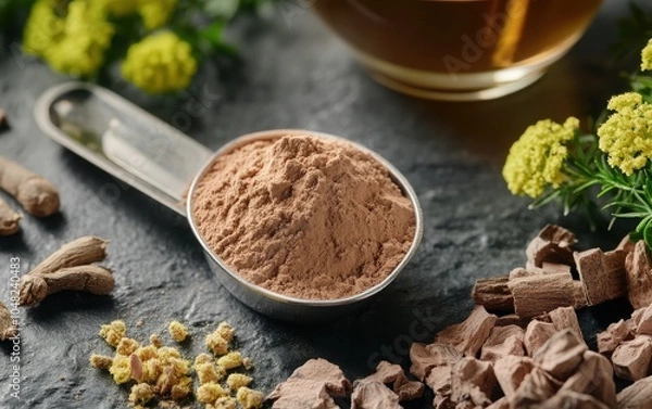 Fototapeta Close-up of Rhodiola Rosea Powder: A detailed view of rhodiola rosea powder in a scoop, surrounded by fresh rhodiola root, herbal tea, and a tranquil wellness setting.