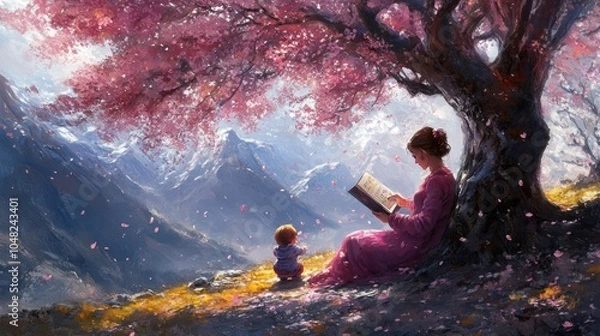 Fototapeta A serene scene of a woman reading under a cherry blossom tree with a child nearby.