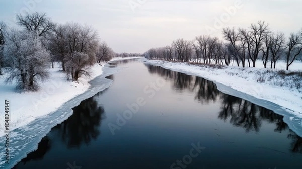 Fototapeta A serene winter landscape featuring a river bordered by snow-covered trees, with ice formations on the water's edge under a cloudy sky.