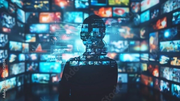 Fototapeta Digital World: A Silhouette of a Woman Surrounded by Screens