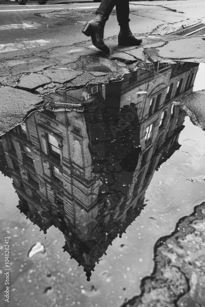Obraz Urban Reflection: A Black and White Image of Puddles Reflecting Historic Architecture with a Walker, Capturing the Mood of City Streets After Rain