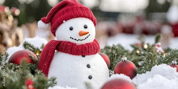 Fototapeta Cheerful Snowman in a Red Hat Surrounded by Christmas Decorations