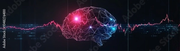 Obraz Neuron brain with geometric patterns, arrow, blacklight finance and stock market, flat design illustration