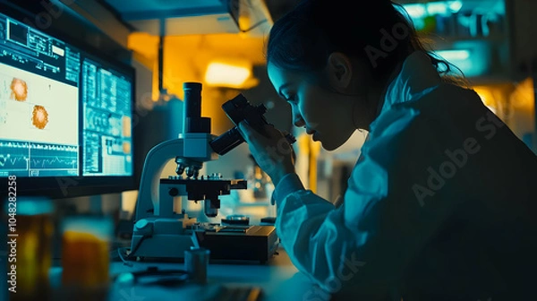 Fototapeta Scientist looking through microscope in laboratorium