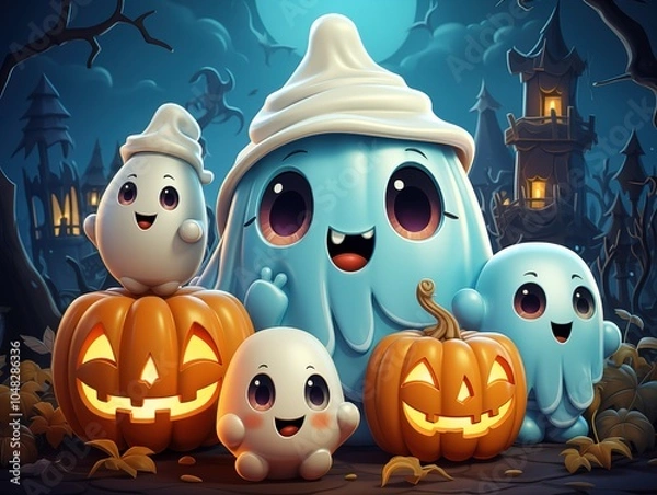 Fototapeta 3D illustration of cute cartoon ghosts, pumpkins, and a castle on a purple background with the text "Happy Halloween" in white letters. Bright color scheme. Cartoon style. Pixar-style. Cute design