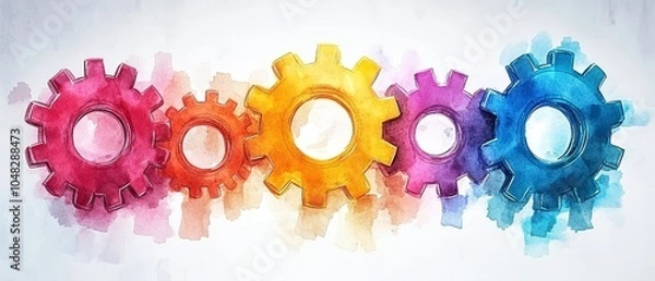 Fototapeta Vibrant Watercolor Illustration of Gears and Cogs