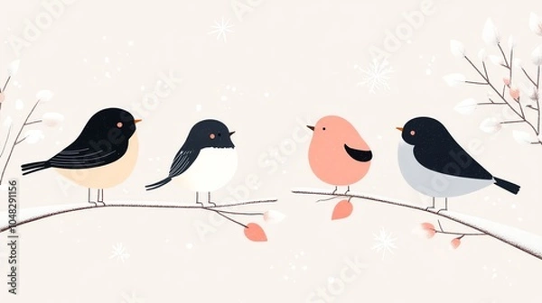 Fototapeta Charming illustration of four colorful birds perched on branches with delicate leaves and snowflakes, showcasing a peaceful winter scene.