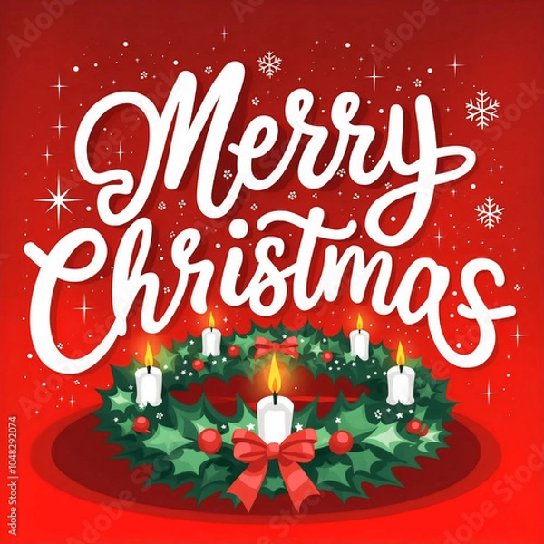 Fototapeta Cheerful "Merry Christmas" white text with dots, sparkling stars and a small snowflake, wreath adorned with holly, ivy with flickering candles,set against a rich red background, evoking warmth and joy