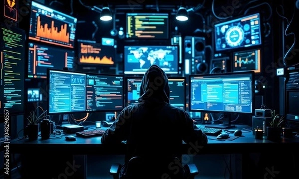Fototapeta Portrait of a hooded hacker in a dark room full of screens and computers