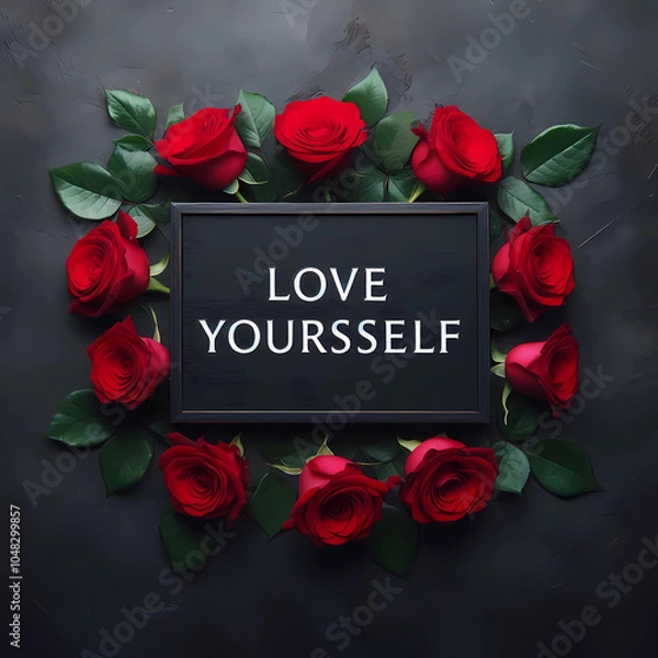 Fototapeta The image features a dark, textured background with a black rectangular board at its center, displaying the words "LOVE YOURSELF" in simple, white capital letters.