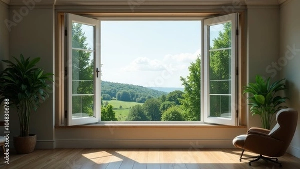 Fototapeta Refreshing Views: Beautiful Nature Scene Through a Large Open Window