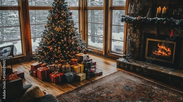 Obraz Christmas tree in a cozy interior with presents under it