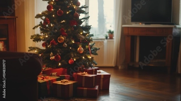 Obraz Christmas tree in a cozy interior with presents under it