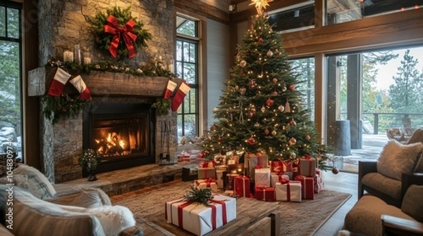Obraz Christmas tree in a cozy interior with presents under it