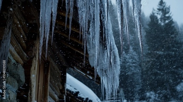 Obraz Icicles hanging from the edge of the cabin's roof