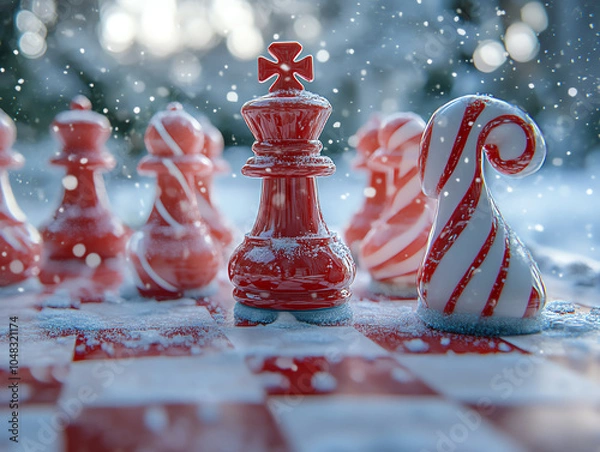 Fototapeta Festive chess pieces resemble candy canes in a snowy outdoor winter setting, creating a whimsical holiday-themed game board scene.