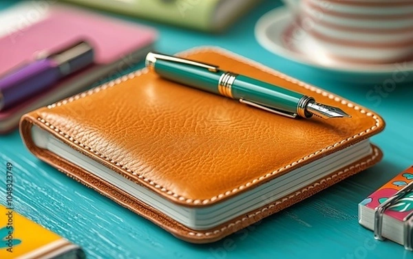 Obraz Fountain Pen on Leather Notebook
