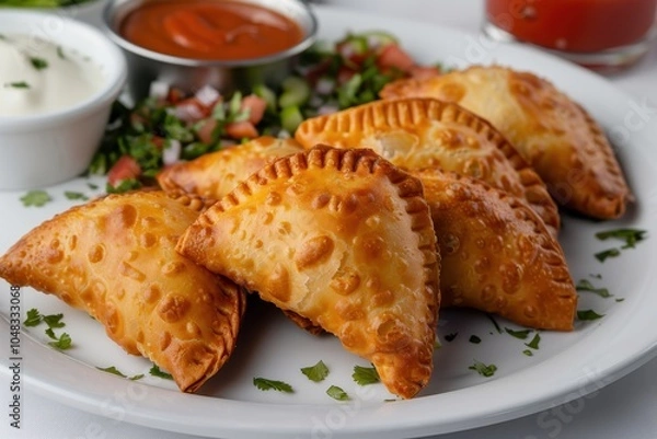 Fototapeta A serving of pastel, deep-fried pastry pockets filled with cheese, meat, or shrimp, served with a side of fresh salsa