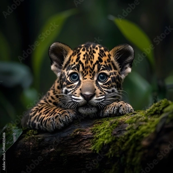 Fototapeta Jaguar cub resting on mossy log, green background