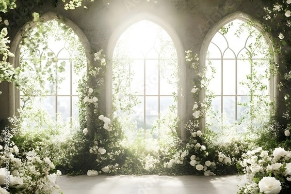 Fototapeta An enchanting wedding backdrop with lush greenery generative AI	