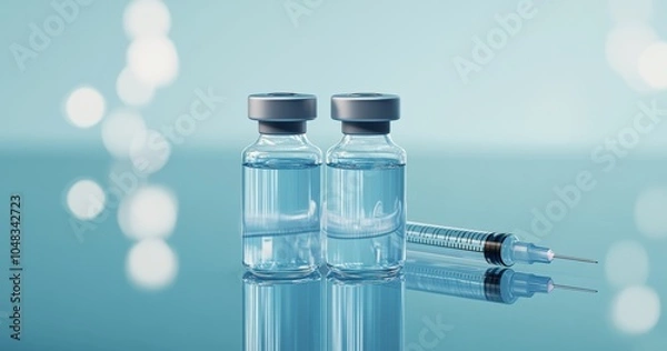 Fototapeta  Two vials of clear liquid and two syringes on a glass surface, against a light blue background, captured in macro photography. 