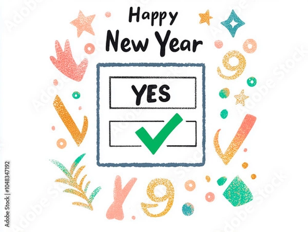 Fototapeta Checklist with "Happy New Year" text, green check mark next to "Yes", conceptual image for design and advertising projects	
