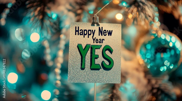 Fototapeta Checklist with "Happy New Year" text, green check mark next to "Yes", conceptual image for design and advertising projects	
