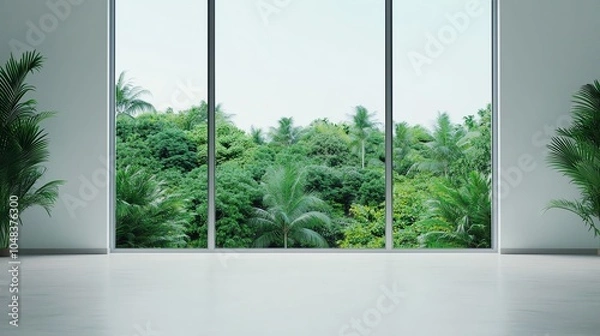 Fototapeta Spacious room with large windows showcasing lush greenery, perfect for nature lovers and minimalistic decor enthusiasts.