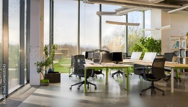 Fototapeta Open office layout encouraging dynamic, office room