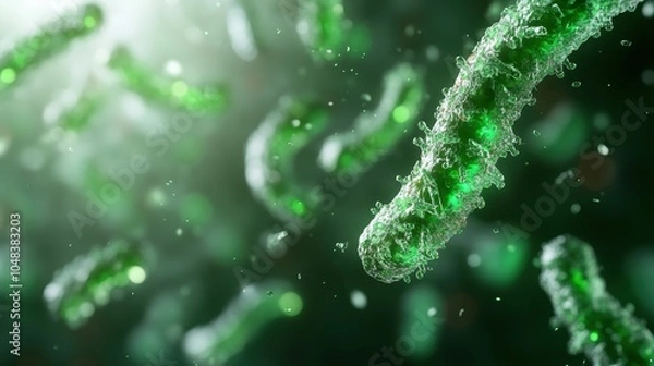 Fototapeta A close-up visual of green bacterial shapes suspended in a luminous environment, showcasing their complex structures and vibrant, translucent colors.