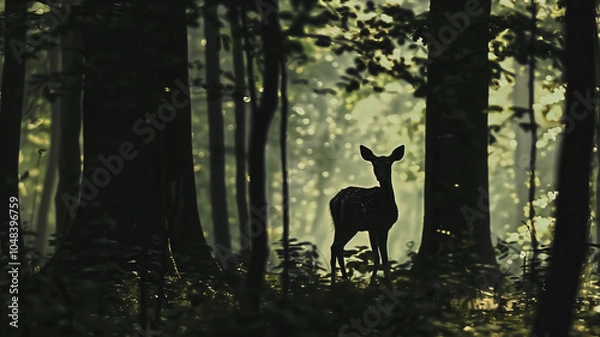 Fototapeta Silhouette of a deer in the forest – standing in the midst …