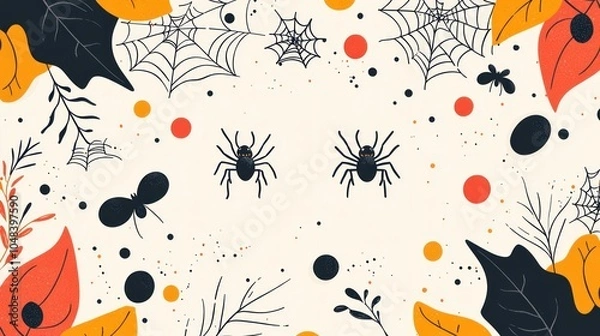 Fototapeta Spooky Halloween Spider Webs and Crawling Spiders in Minimal Design