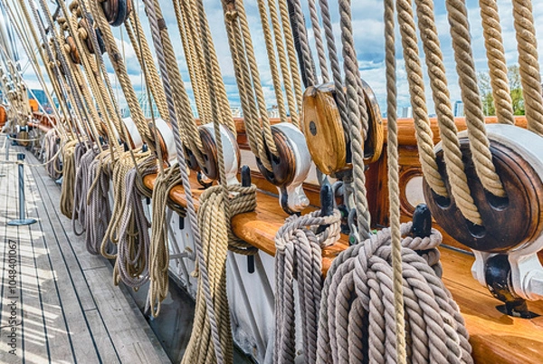 Obraz Detail of the cordage of a sailing ship, London, Uk