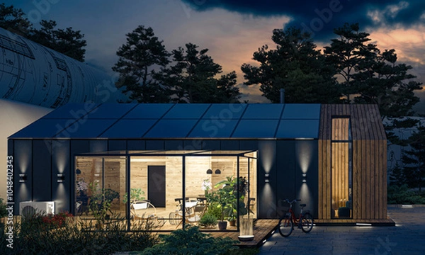 Fototapeta Project of Energy supply at a family house (sunset sky in background) - 3D visualization