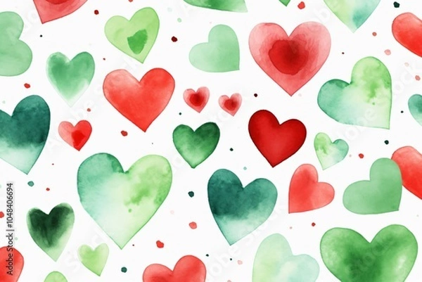 Obraz Watercolor red and green hearts pattern background