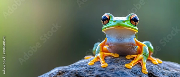 Fototapeta A frog sits on a rock, gaze directed at the camera Background mildly blurred