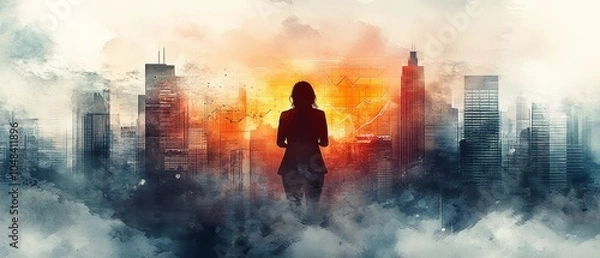 Fototapeta Business Leader in Watercolor Cityscape Illustration