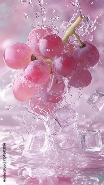 Fototapeta A cool splash as pink grapes enter water, blending pinkish hues with ice cubes and floating white flowers