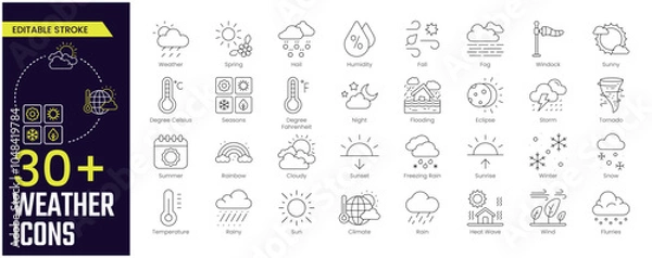 Obraz Weather Stroke icon collections. Containing Spring, Hail, Humidity, Fall, Fog, Winter, Snow, Wind, Rainy, and Seasons icons. Editable Stroke icon collection Outline icon