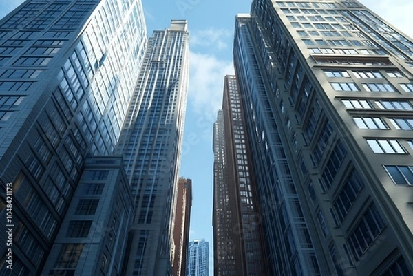 Fototapeta Sunlight reflecting off sleek, modern skyscrapers, emphasizing architectural excellence, urbanization, and financial power in a thriving metropolitan environment.