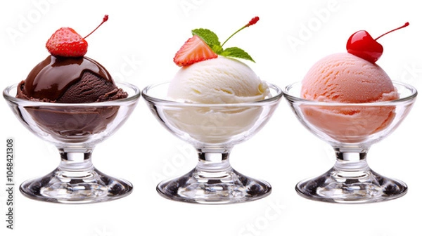 Obraz Delicious Trio of Ice Cream Scoops in Glass Bowls